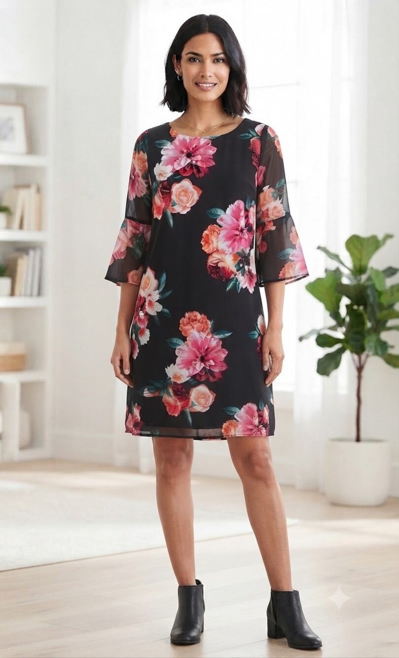 J. Howard Floral Bell Sleeve Sheath Dress Black Pink Size 12 Wedding Guest